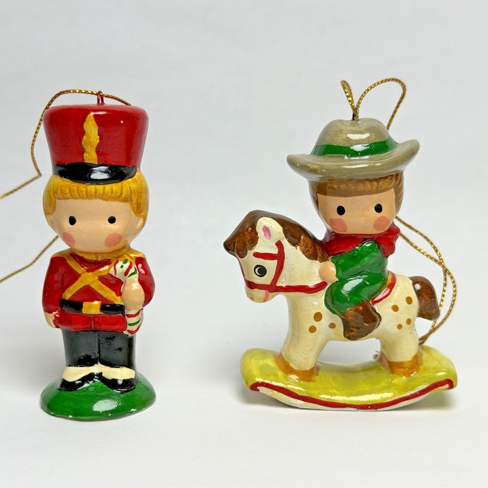 Vintage Lefton Christmas Ornaments Soldier & Kid on Rocking Horse Sri Lanka 3 in